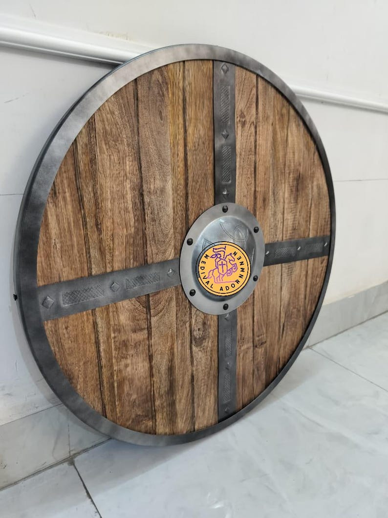 Handcrafted wooden medieval shield, Viking warrior round shield – premium solid wood with steel accents