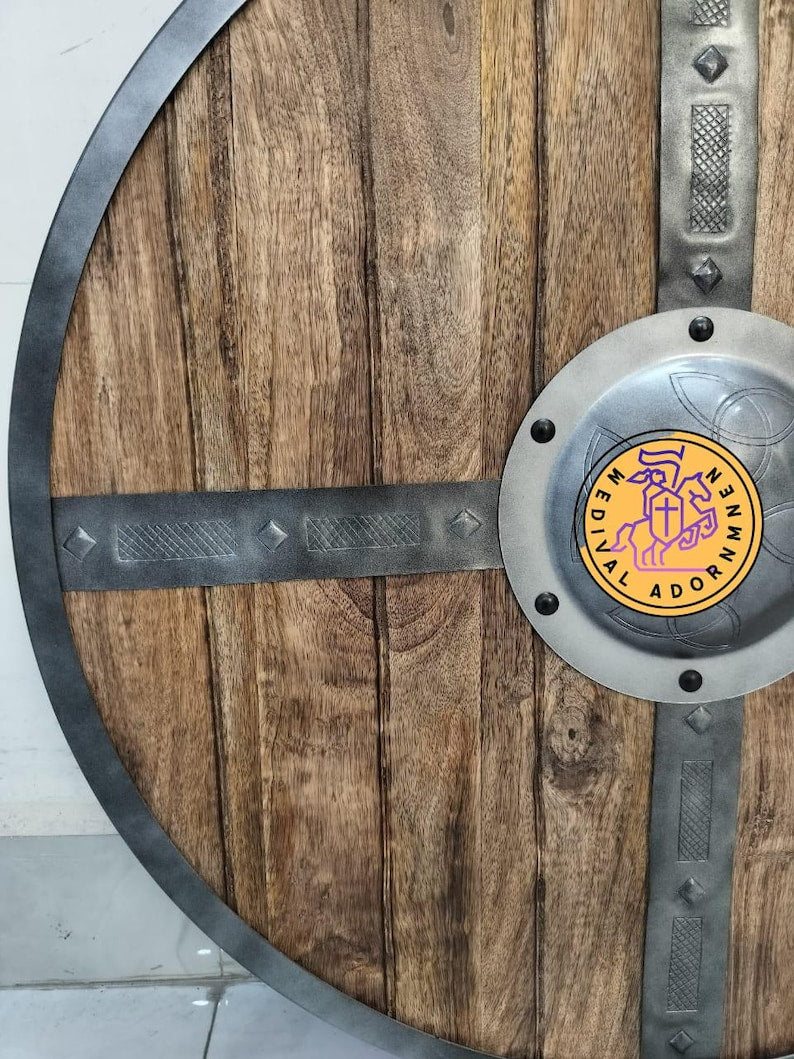 Handcrafted wooden medieval shield, Viking warrior round shield – hand-painted artistically weathered finish