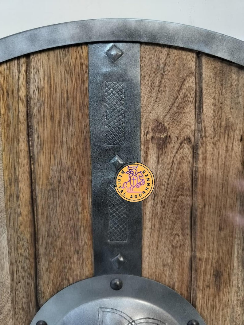 Handcrafted wooden medieval shield, Viking warrior round shield – premium solid wood with steel accents