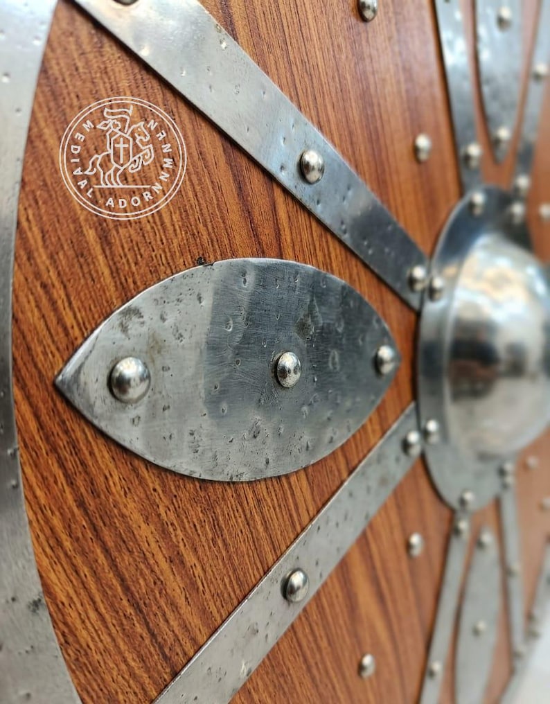 Handcrafted wooden Viking Shield, medieval Norse decor – solid wood with steel detailing