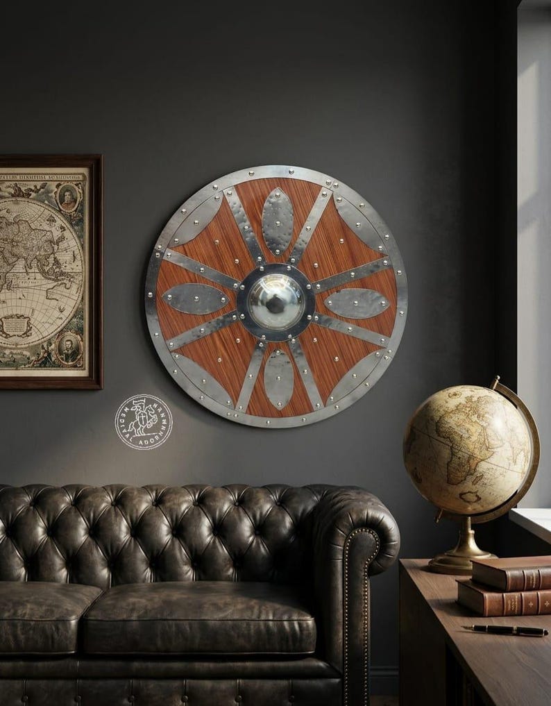 Handcrafted wooden Viking Shield, medieval Norse decor – hand-painted weathered battle-worn finish