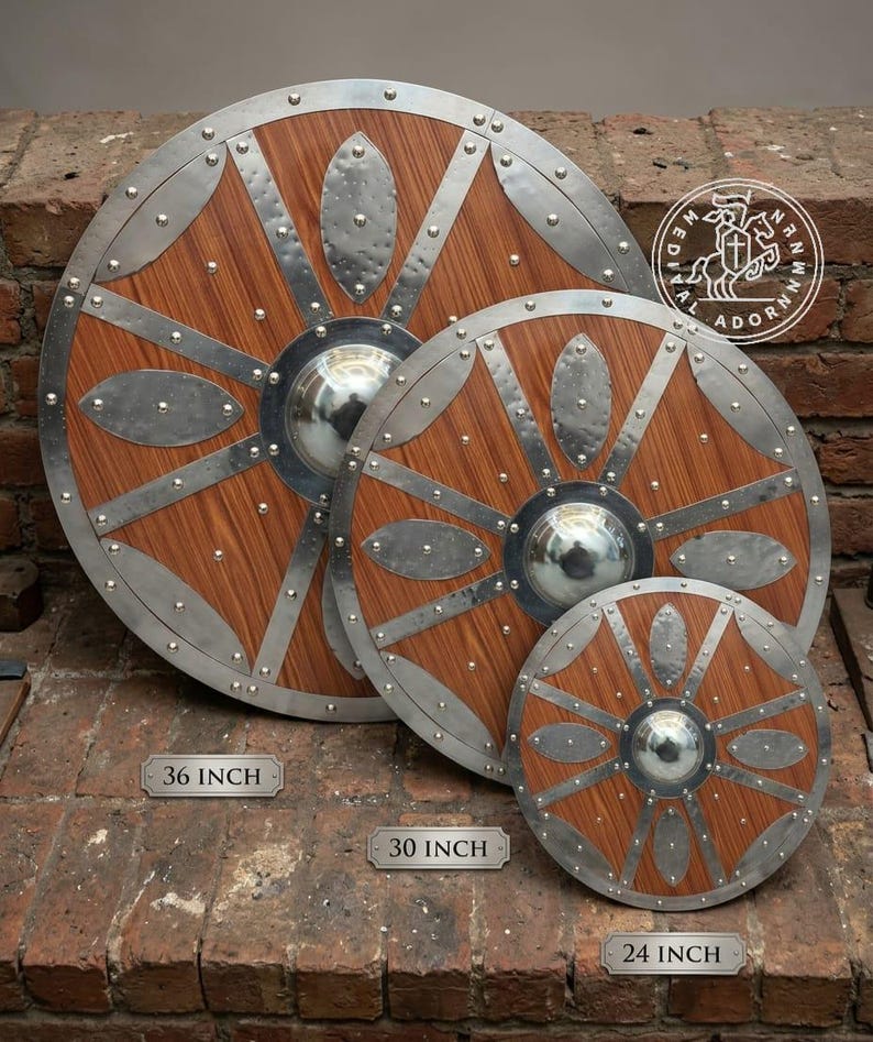 Handcrafted wooden Viking Shield, medieval Norse decor – solid wood with steel detailing