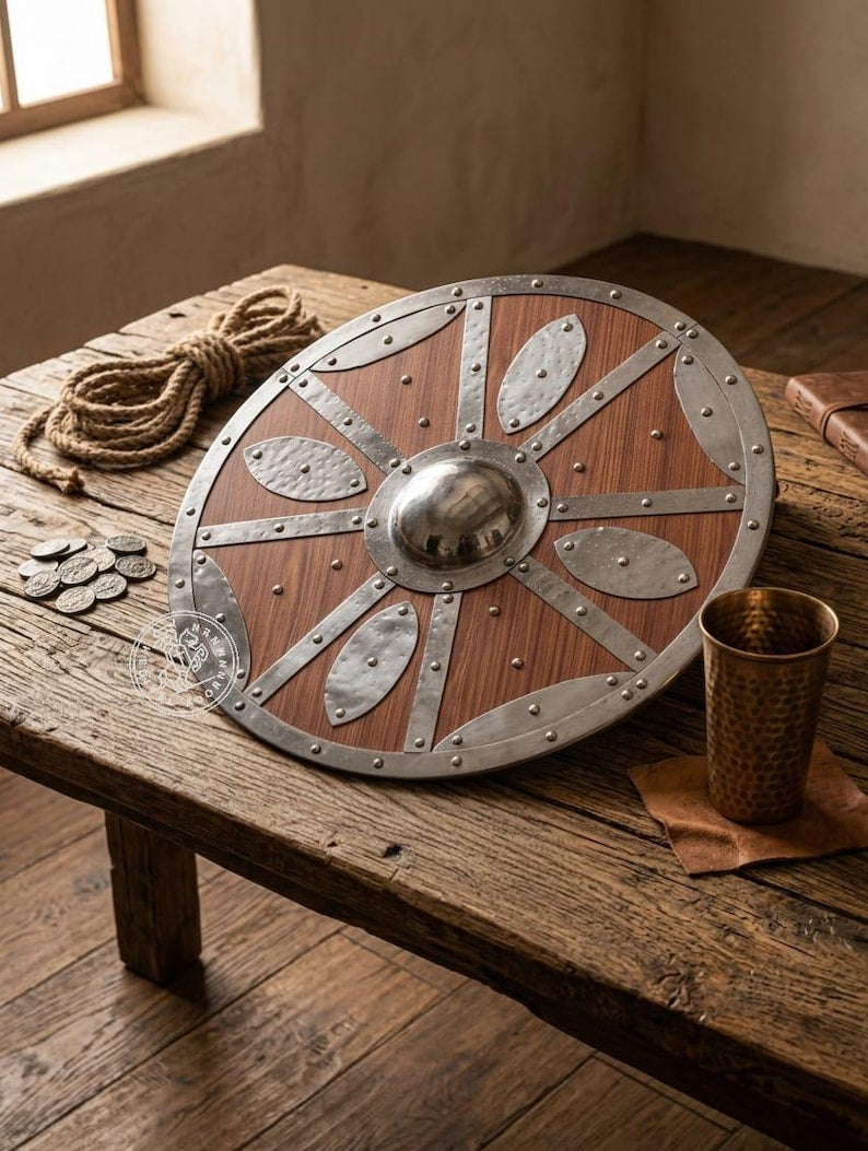 Handcrafted wooden Viking Shield, medieval Norse decor – leather handle for display