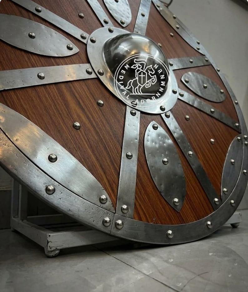 Handcrafted wooden Viking Shield, medieval Norse decor – solid wood with steel detailing