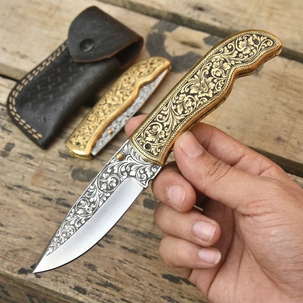 Hand holding a custom engraved brass folding pocket knife with intricate floral patterns on the blade and handle, displayed over a rustic wood background with a leather sheath