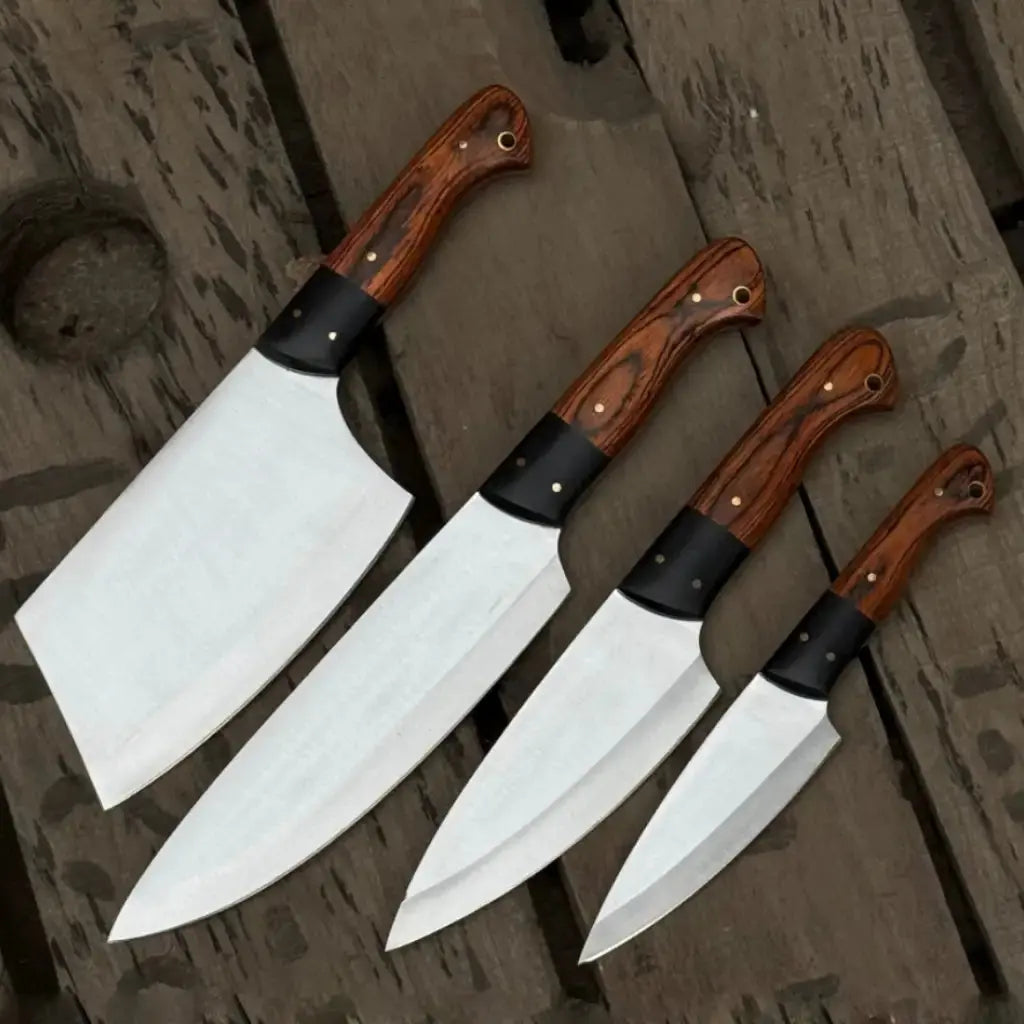 4-piece J2 steel kitchen knife set with full tang Pakka wood handles