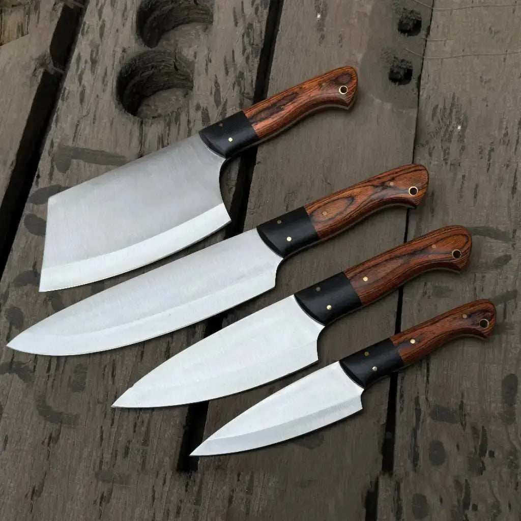 Pakka wood handle with brass pins on a handmade J2 steel chef knife