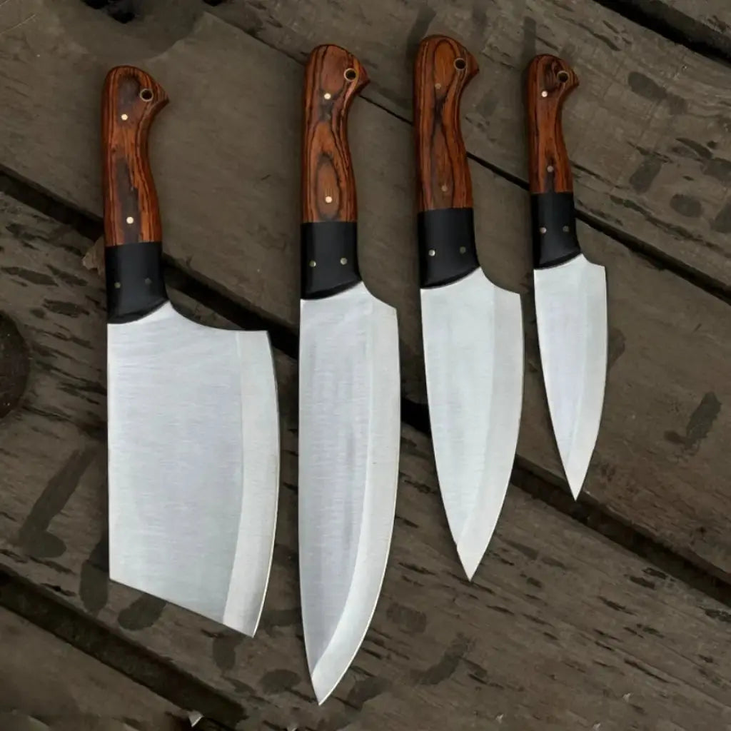 Pakka wood grain and brass pins on a full tang J2 steel kitchen knife