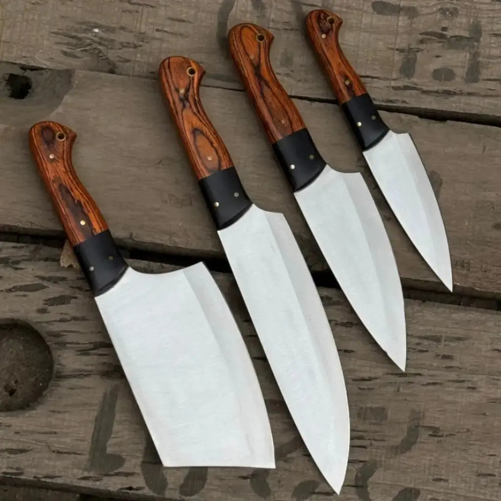 4 handmade J2 steel chef knives with Pakka wood handles
