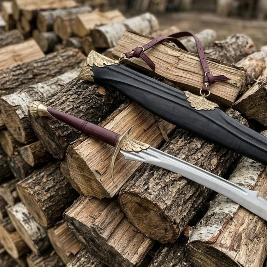 Black Leaf Fantasy Sword with matching black scabbard and decorative leaf accents