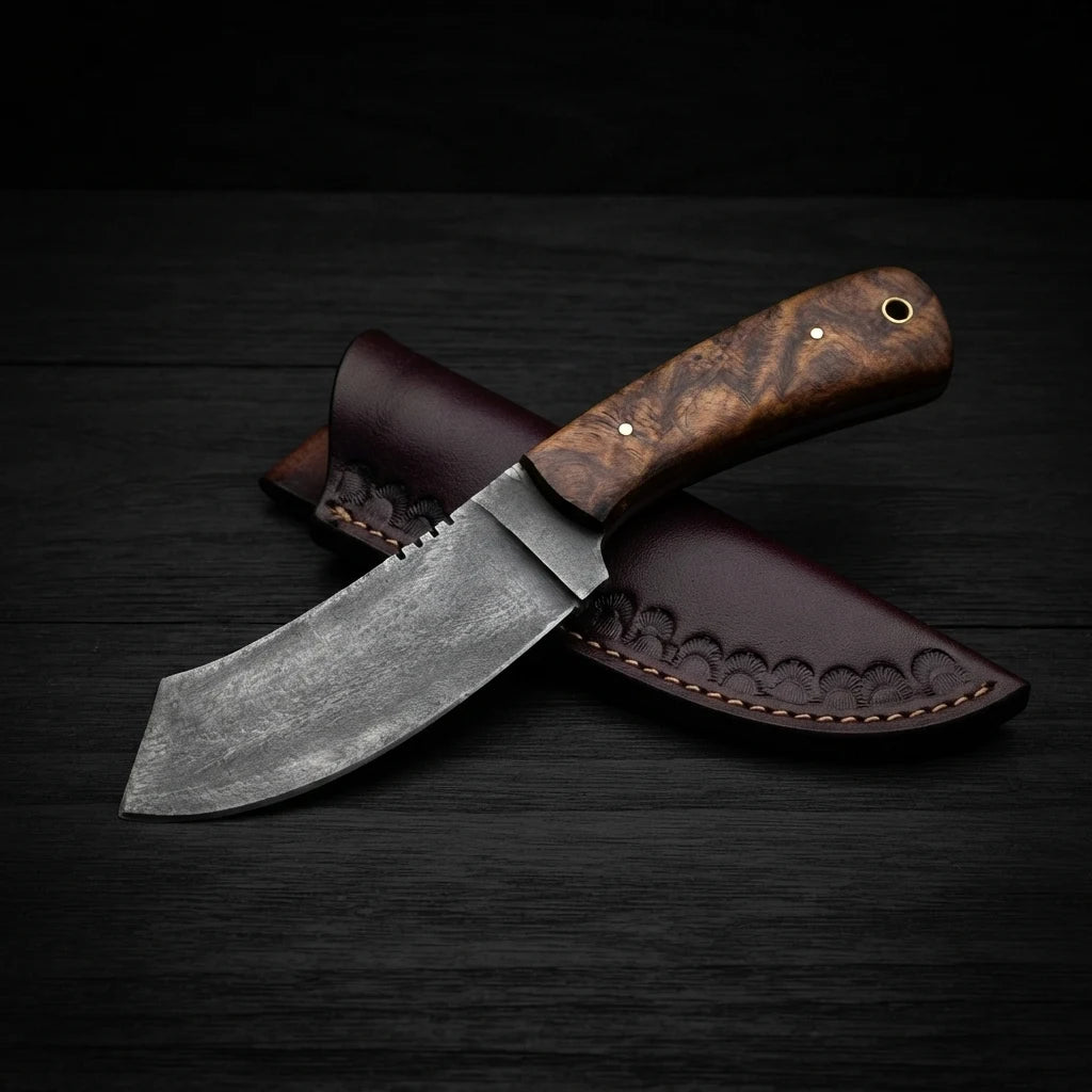 Handmade bull cutter knife with hand-stitched leather sheath for belt carry