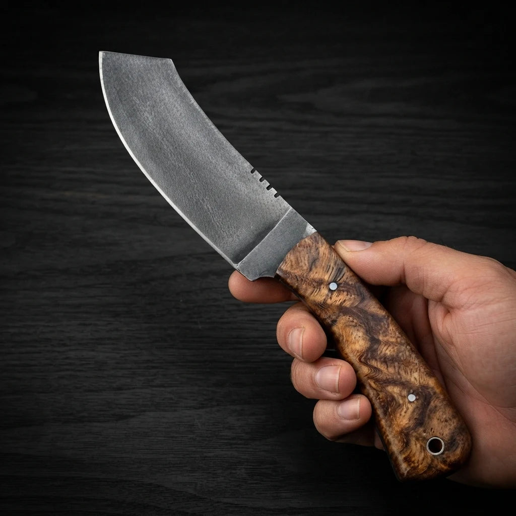 Full view of handmade bull cutter knife showing rosewood handle and full-tang blade