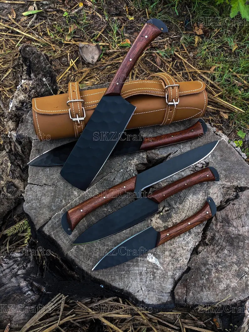 Five-piece chef knife set lined up by size