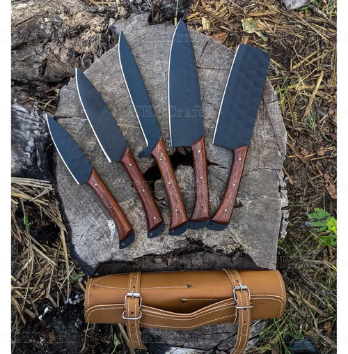 Single stainless steel chef knife with iron wood handle, front view
