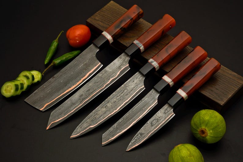 Handmade copper Damascus 5-piece chef knife set with octagon resin handles