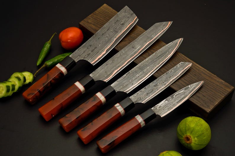 Handmade 5-piece Damascus knife set with handmade leather knife bag