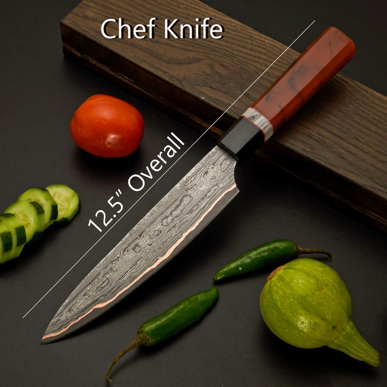 Handmade copper Damascus cleaver and chef knife from the 5-piece set
