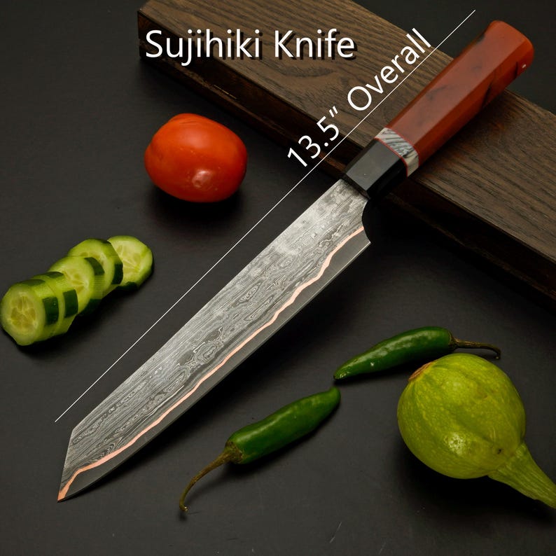 Copper Damascus utility, boning and paring knives with resin octagon handles