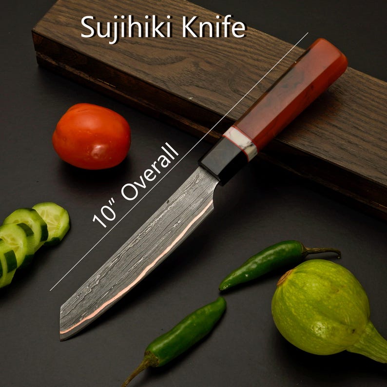 Professionally sharpened copper Damascus kitchen knives with San-Mai construction