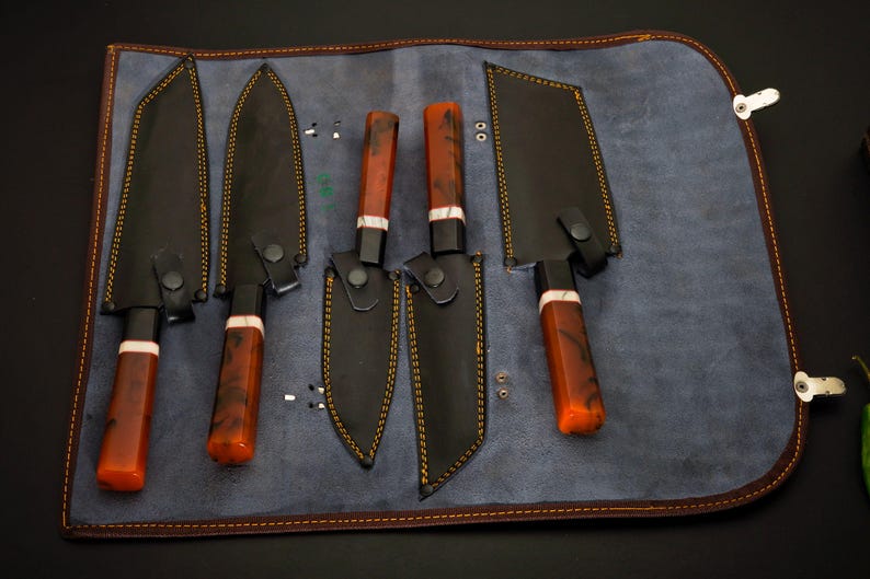 Handmade 5-piece copper Damascus knife set, gift for home cooks and chefs