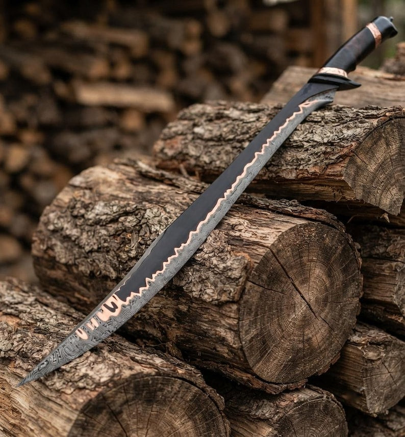 Handmade Copper Damascus Elven sword full view with leather sheath