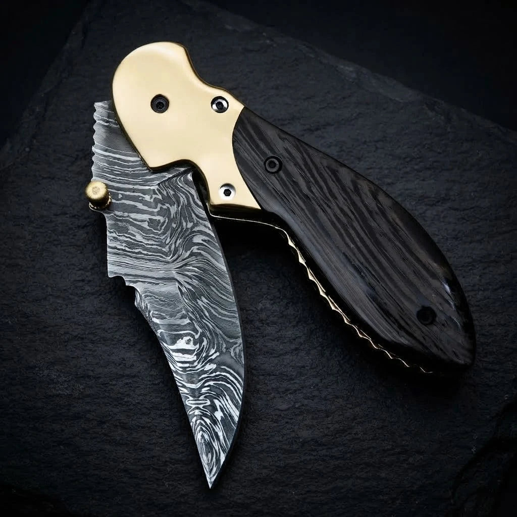Brass bolster detail on wenge wood handle knife