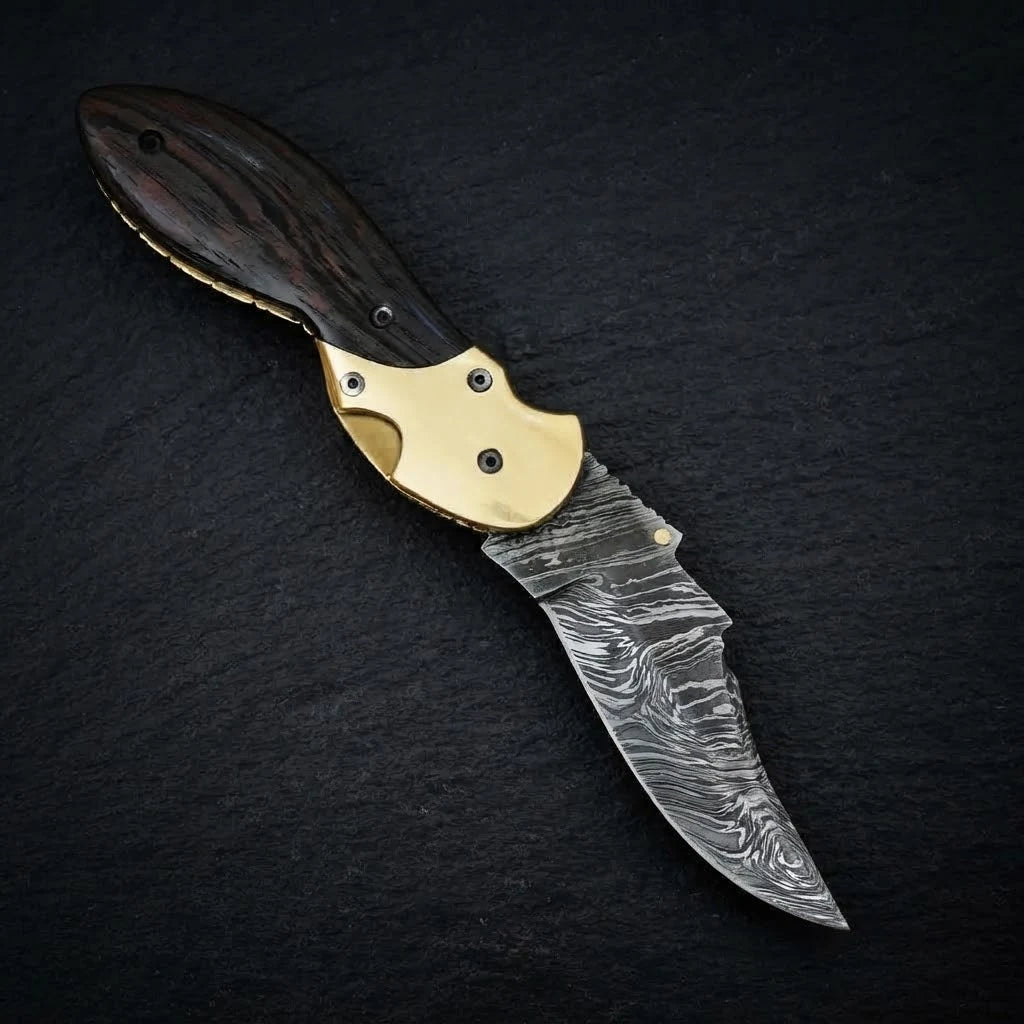 Wenge wood handle Damascus folding knife, folded view