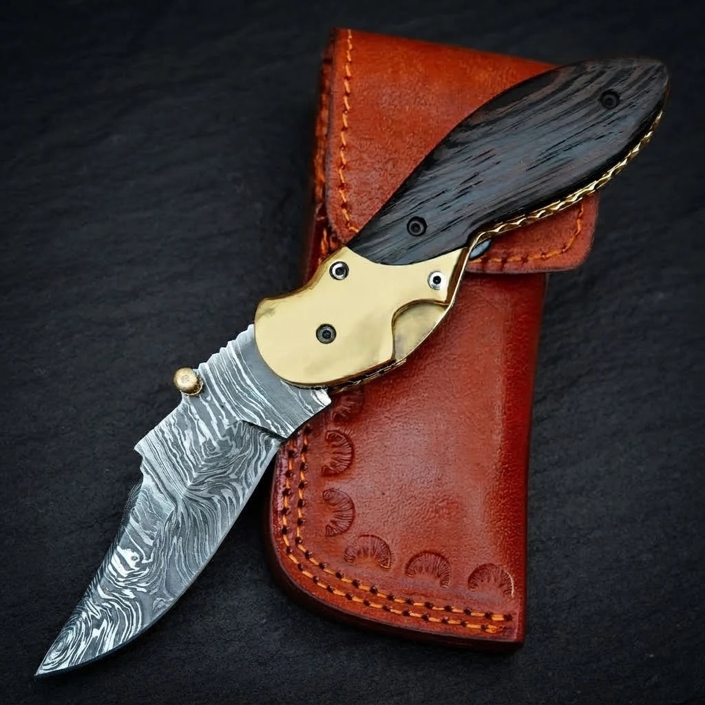 Wenge wood handle Damascus folding knife with leather sheath