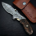 Handmade Damascus folding knife with rosewood handle and Damascus bolster – full view