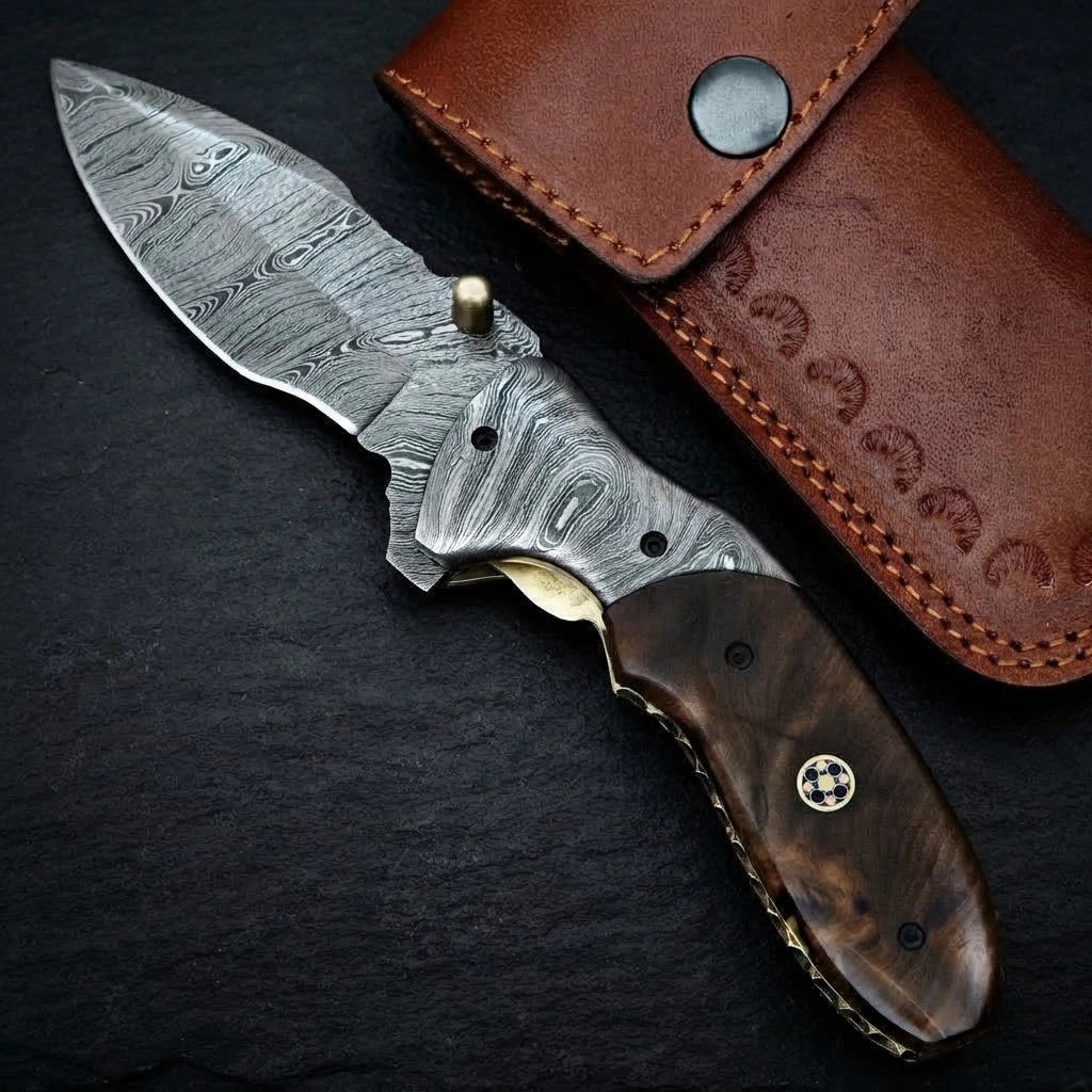 Handmade Damascus folding knife with rosewood handle and Damascus bolster – full view
