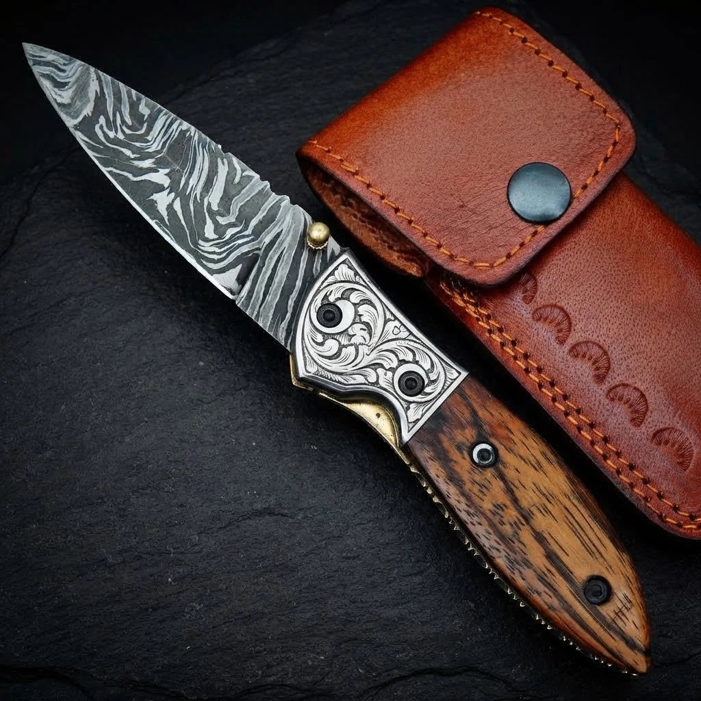 Handmade Damascus folding pocket knife with rosewood handle