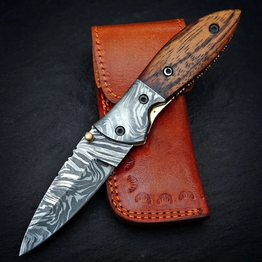 Rosewood handle Damascus folding knife — blade close-up