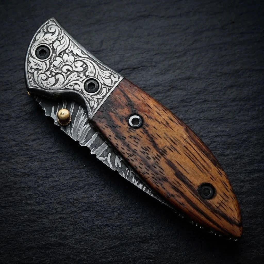 Rosewood handle and Damascus steel bolster detail