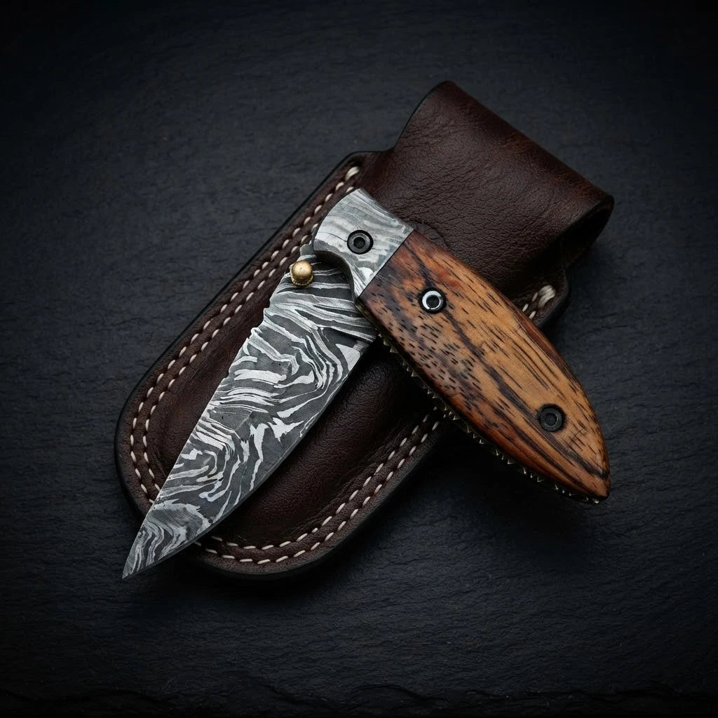 Rosewood handle Damascus folding knife with leather sheath