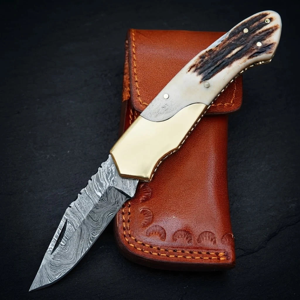 Stag horn handle Damascus folding knife, folded view