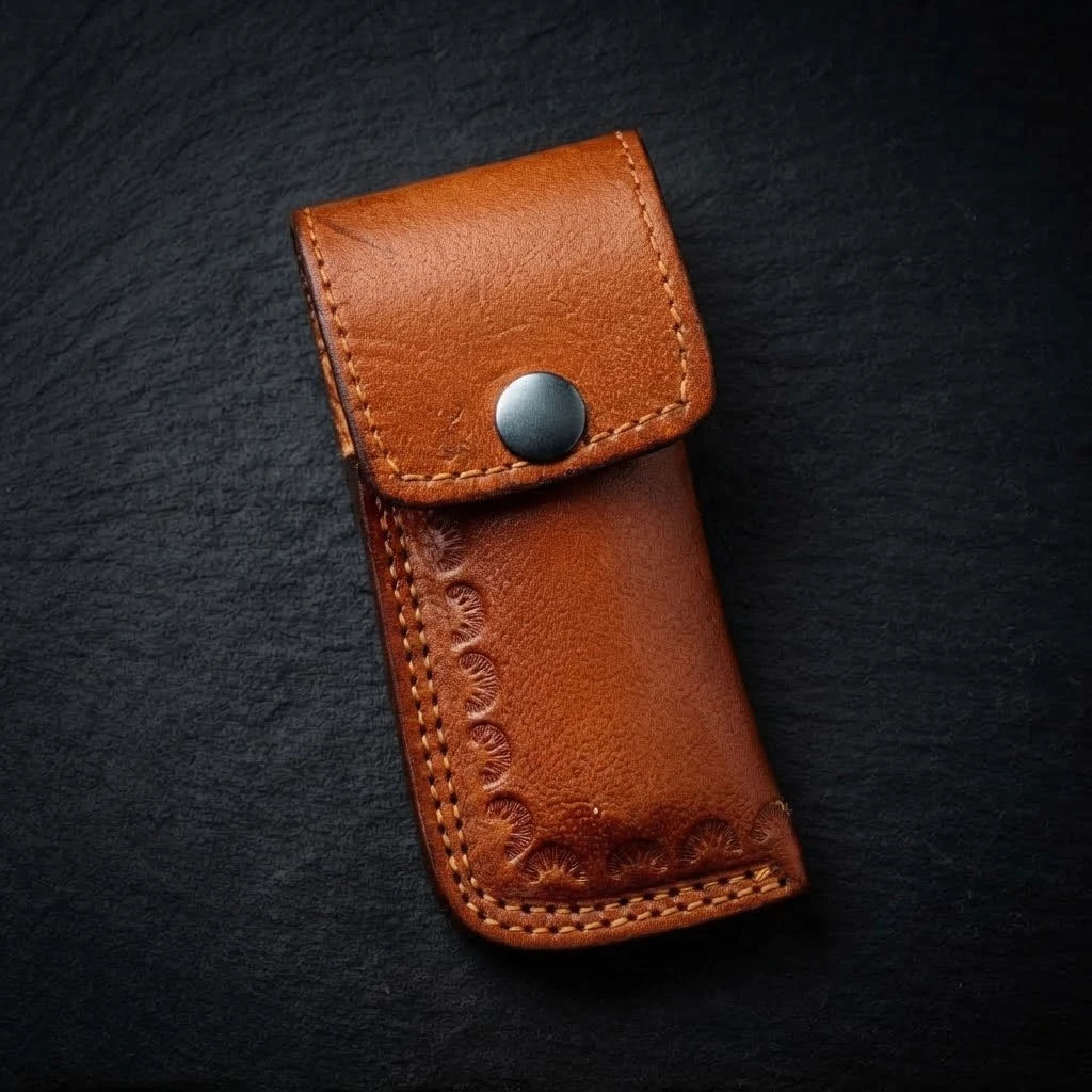 Stag horn handle Damascus folding knife, profile view