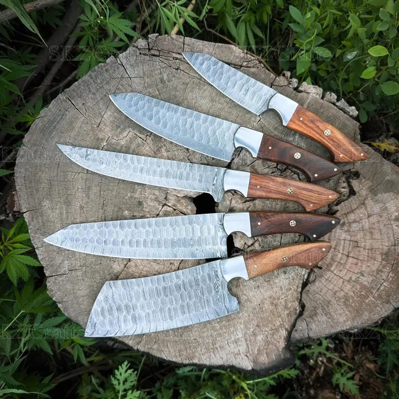 Single Damascus steel knife with rosewood handle and stainless steel bolster, front view