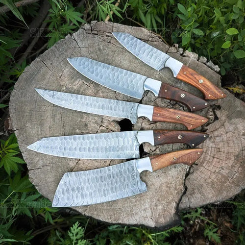 Single Damascus steel knife with rosewood handle and stainless steel bolster, front view