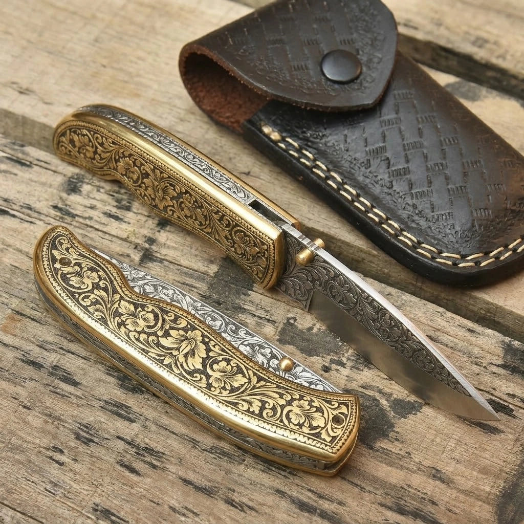 Top angle view of handmade engraved brass folding pocket knives displayed open and closed next to a dark brown stitched leather sheath on a wood surface