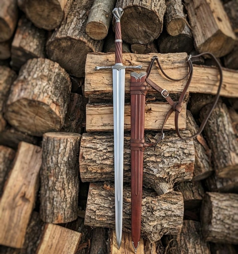 Handmade Fantasy Ranger sword full view with leather scabbard