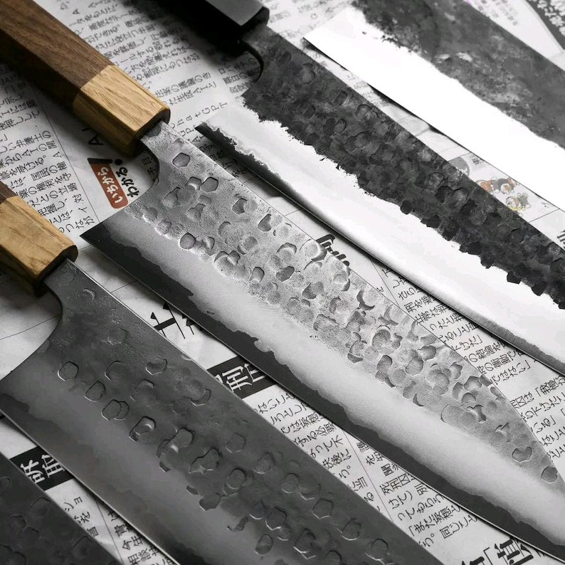Kiritsuke, Santoku, Nakiri, Bunka, utility and petty knives in a hammered finish