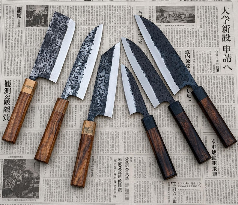 Handmade Japanese knife set with ergonomic natural hardwood handles