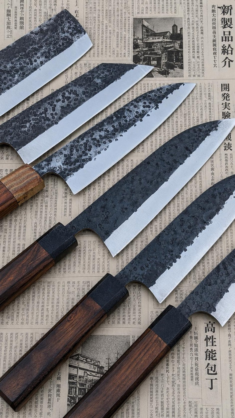 Hand-hammered Kiritsuke chef knife from a forged Japanese knife set