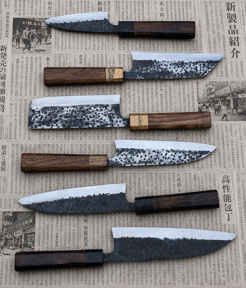 Forged Nakiri and Santoku knives from a handmade hammered kitchen knife set