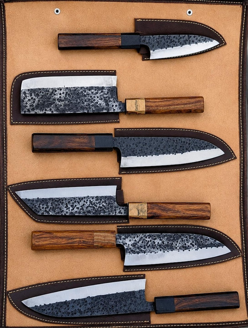 Handmade forged Japanese kitchen knife set, a gift for chefs and home cooks