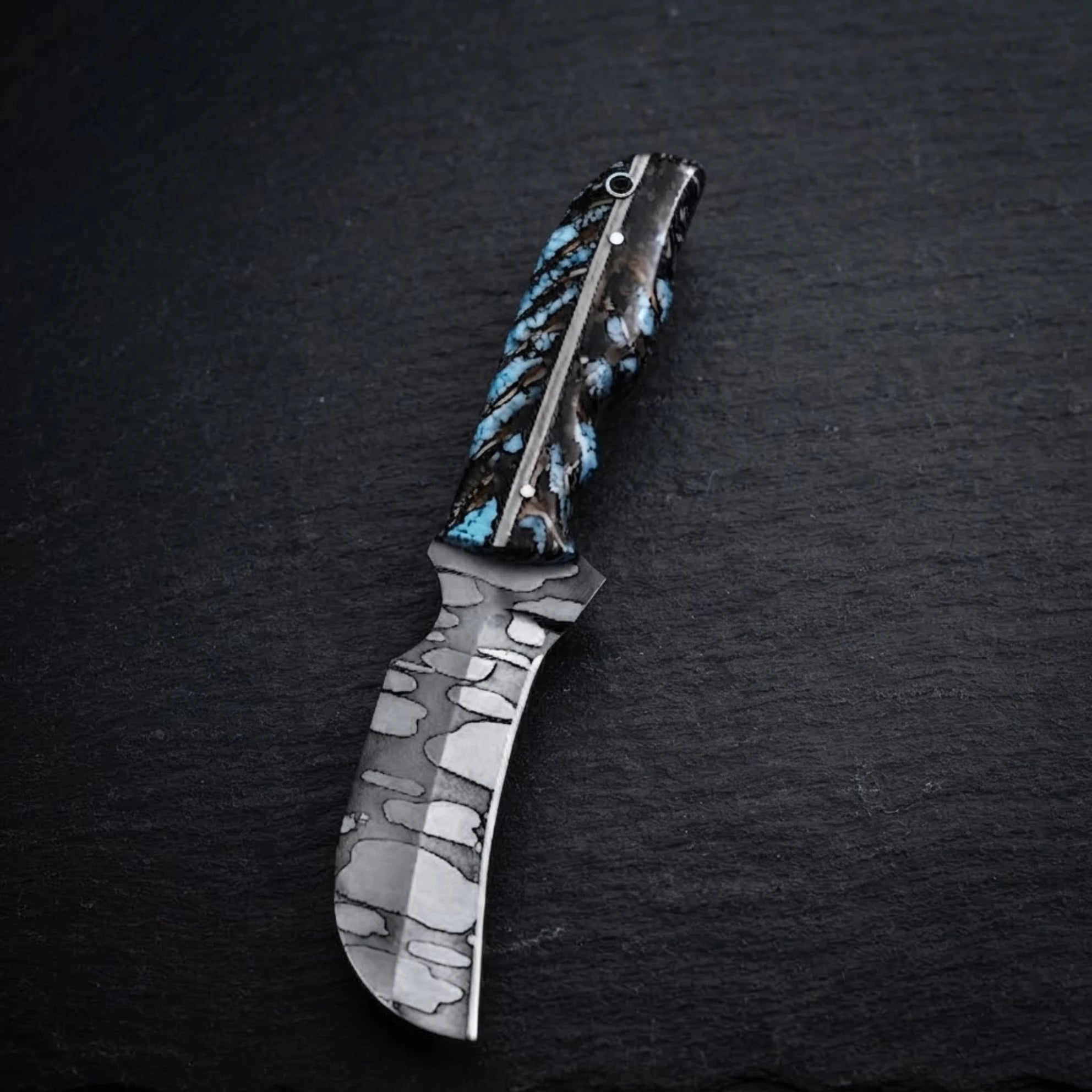 Handmade hawkbill hunting knife with turquoise resin handle