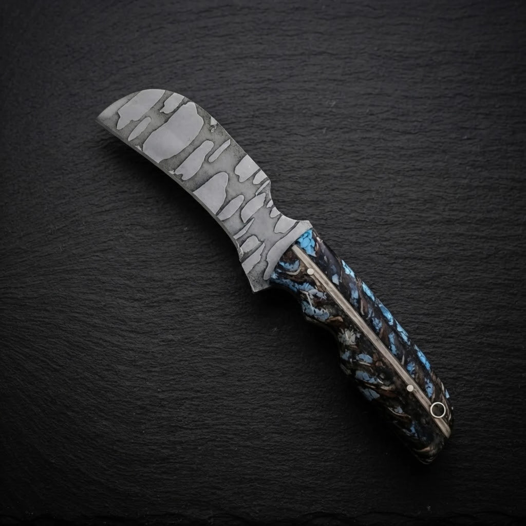 Handmade hawkbill hunting knife with turquoise resin handle – crushed turquoise and copper flake handle close-up