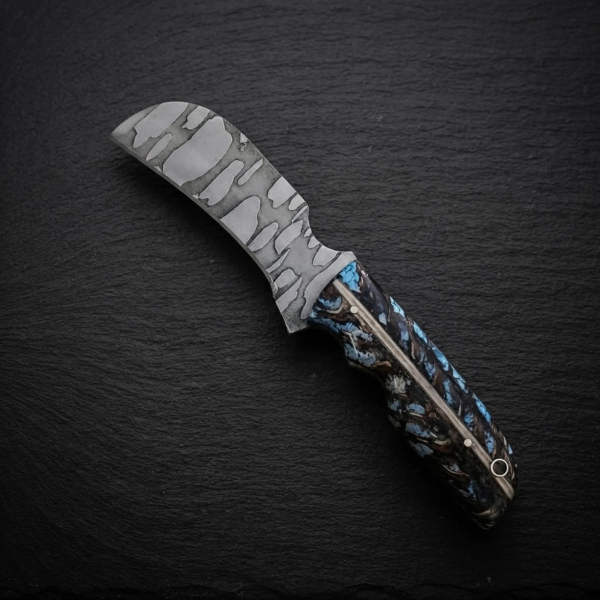 Handmade hawkbill hunting knife with turquoise resin handle – crushed turquoise and copper flake handle close-up