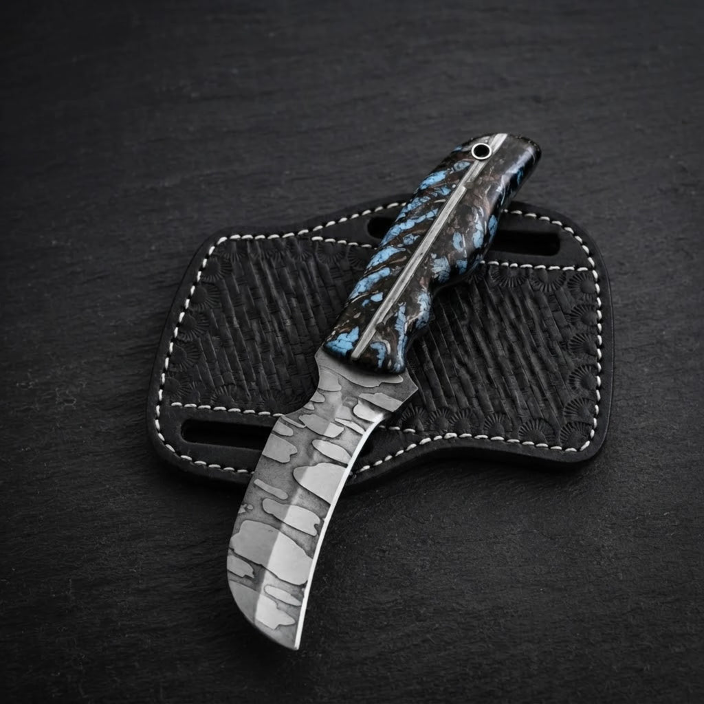 Handmade hawkbill hunting knife with turquoise resin handle – full tang polished spine detail
