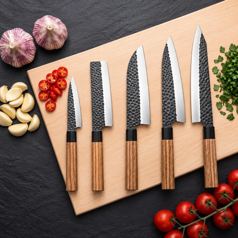 Handmade Japanese-style kitchen knife set: kiritsuke, chef, santoku, nakiri and fruit knife